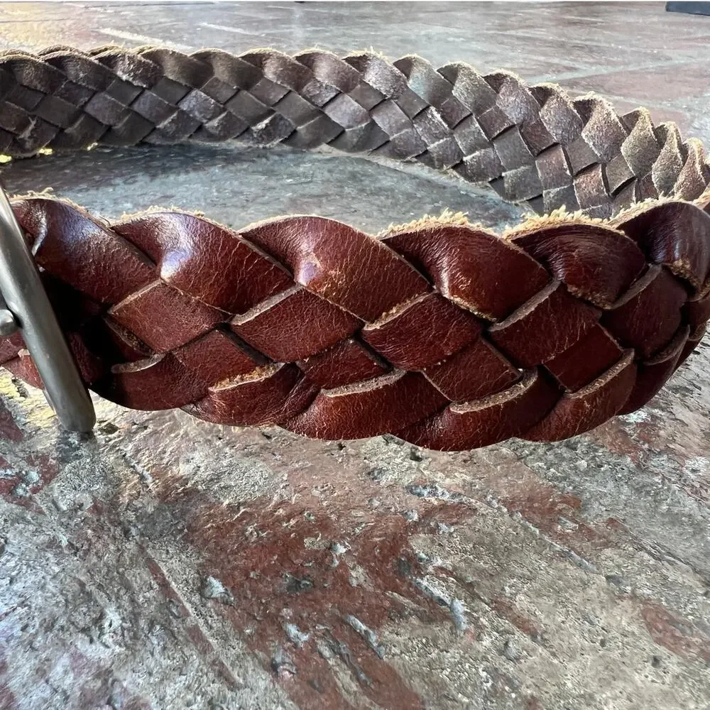 AEO Brown Leather Braided Belt with Silver Round Buckle Size XS/S